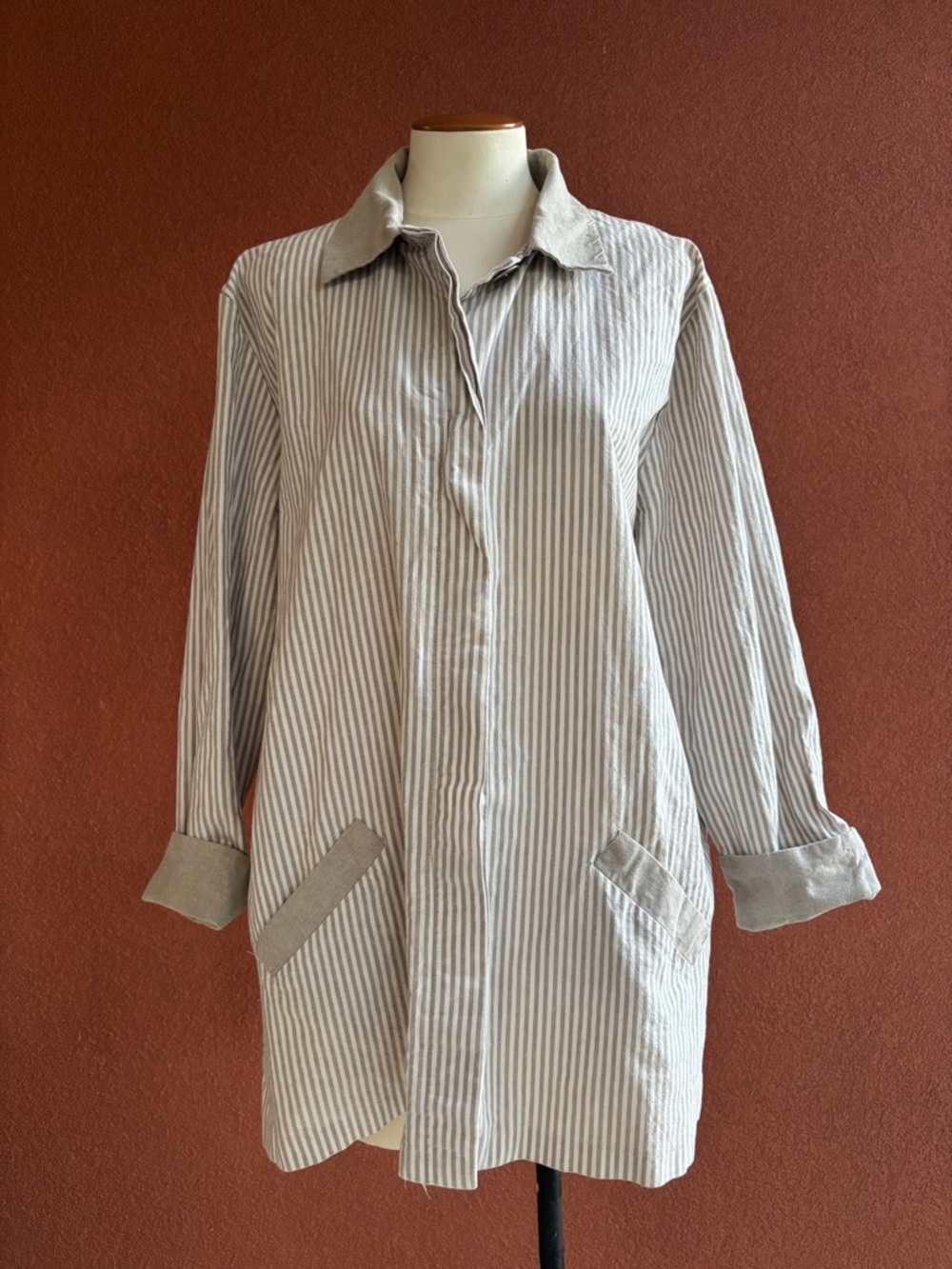Striped Cotton Overshirt - Taupe/White